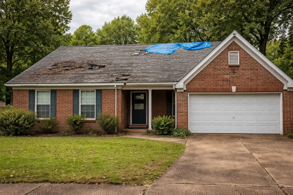 Storm damaged roof before replacement in Memphis TN